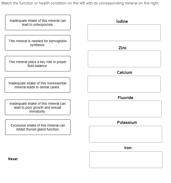 SOLVED Match the function or health condition on the left with its corresponding mineral on the
