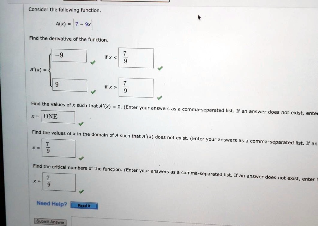 Consider the following function a x 9x 2 find the derivative of the