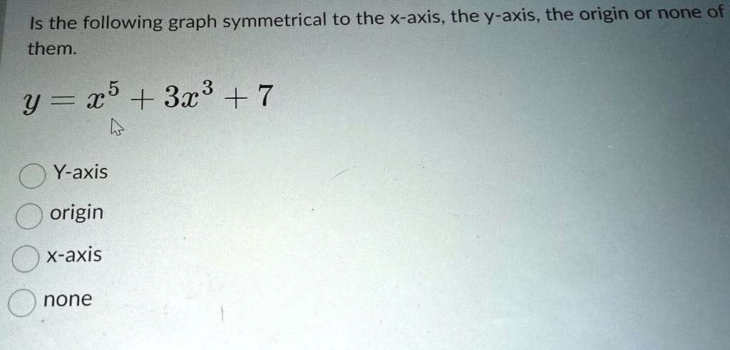 is the following graph symmetrical to the x axis the y axis the origin or none of them y x5 3x3 7 y axis origin x axis none 12825
