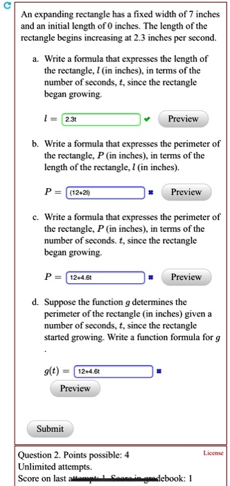 SOLVED: An expanding rectangle has a fixed width of inches and an ...