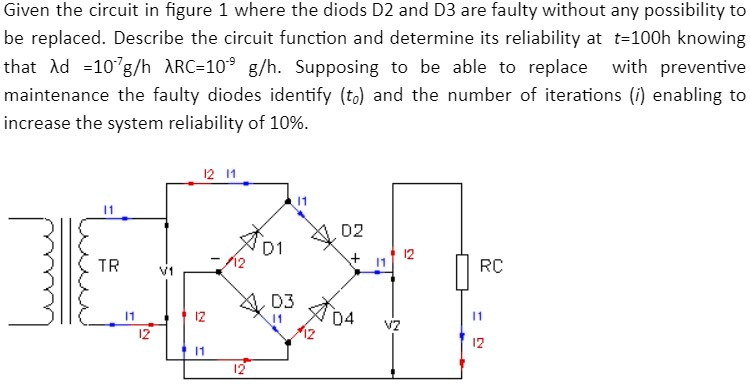 given the circuit in figure 1 where the diods d2 and d3 are faulty without any possibility tc be replaced describe the circuit function and determine its reliability at t100h knowing that xd 77027