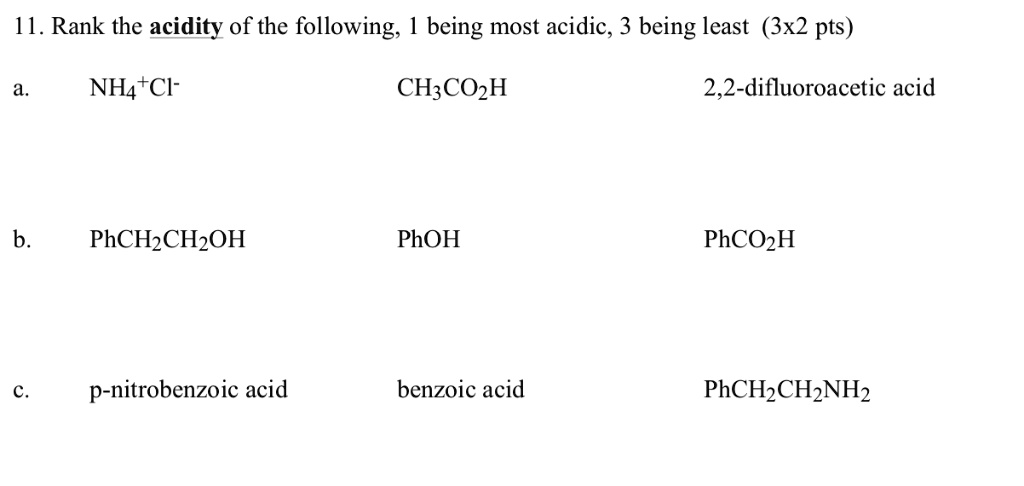 11 rank the acidity of the following being most acidic 3 being least 3x2 pts nh4tcl chzcozh 22 difluoroacetic acid b phchzchzoh phoh phcozh p nitrobenzoic acid benzoic acid phchzch2nhz 99253