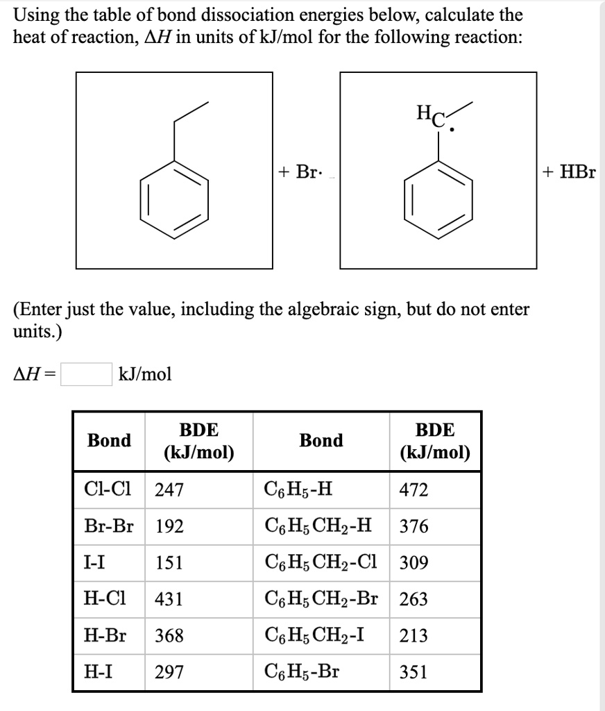 SOLVED Using The Table Of Bond Dissociation Energies Below Calculate