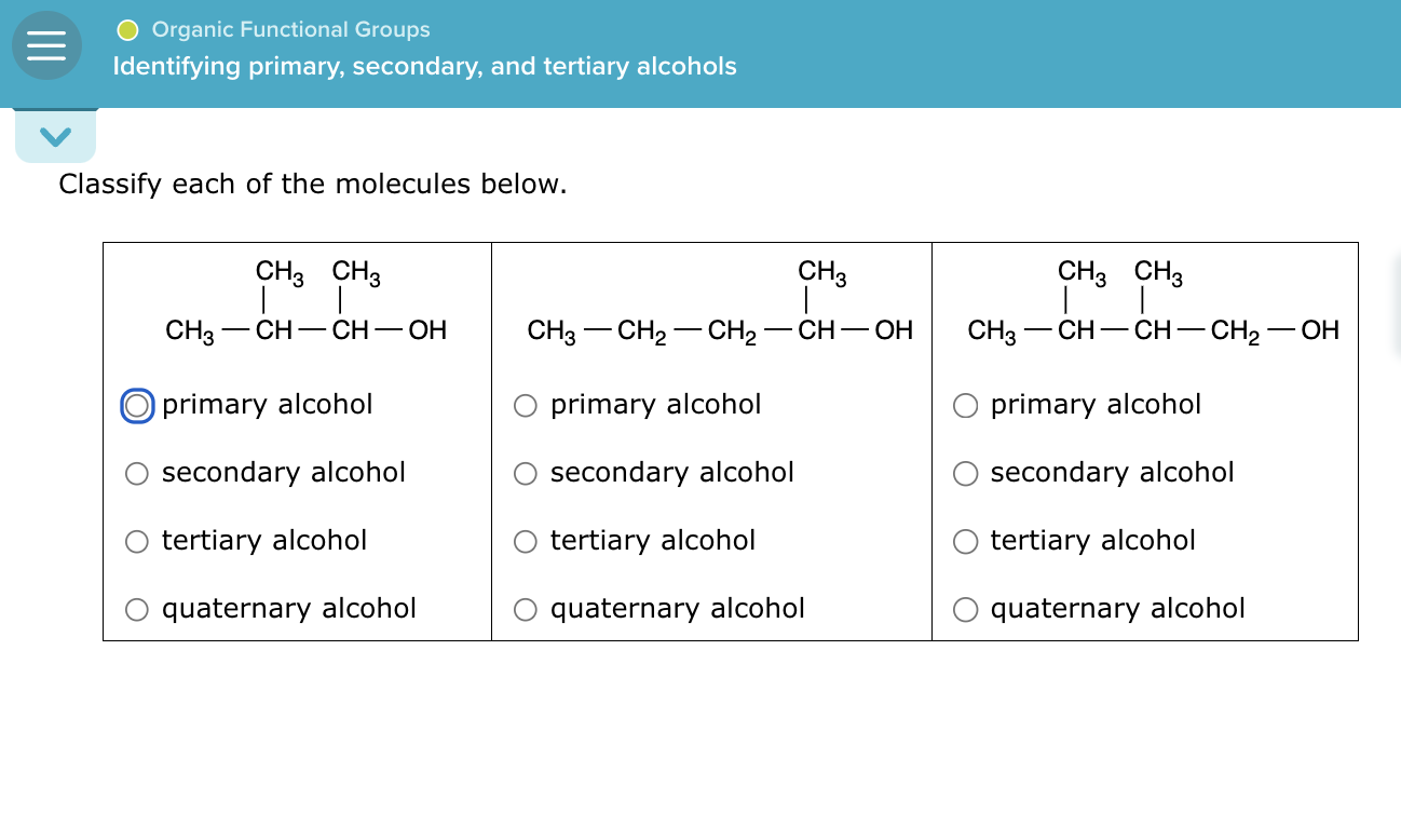 Solved Organic Functional Groups Identifying Primary Secondary And Tertiary Alcohols Classify 0654