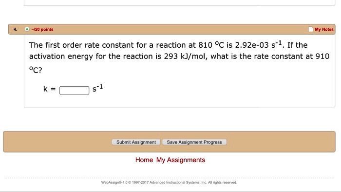 The first order rate constant for a reaction at 810 °C is 2.92e-03 s^-1. If the activation energy for the reaction is 293 kJ/mol, what is the rate constant at 910 °C?

k = [ ] s^-1