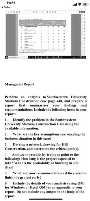 Managerial Report
Perform an analysis to Southwestern University
Stadium Construction case page 440, and prepare a
report that summarizes your findings and
recommendations. Include the following items in your
report:
1. Identify the problem in the Southwestern
University Stadium Construction Case using the
available information.
2. What are the key assumptions surrounding the
business situation in this case?
3. Develop a network drawing for Hill
Construction, and determine the critical path(s).
4. Analyze the results by trying to point to the
following: How long is the project expected to
take? What is the probability of finishing in 270
days?
5. What are your recommendations if they need to
finish the project early?
6. Include the details of your analysis (using QM
for Windows or Excel QM) as an appendix to your
report. Do not include any output in the body of the
report.