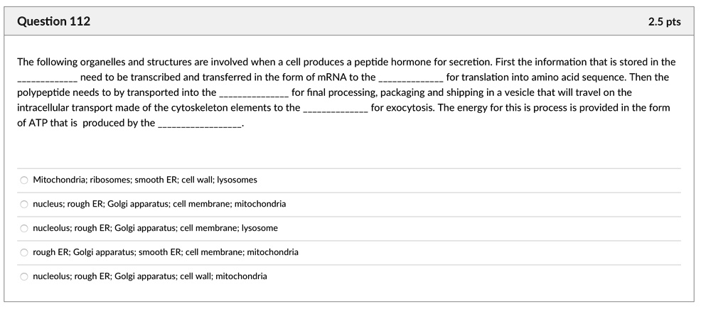 The following organelles and structures are involved when a cell produces a peptide hormone for secretion. First the information that is stored in the  need to be transcribed and transferred in the form of mRNA to the  for translation into amino acid sequence. Then the polypeptide needs to by transported into the  for final processing, packaging and shipping in a vesicle that will travel on the intracellular transport made of the cytoskeleton elements to the  for exocytosis. The energy for this is process is provided in the form of ATP that is produced by the .

Mitochondria; ribosomes; smooth ER; cell wall; lysosomes
nucleus; rough ER; Golgi apparatus; cell membrane; mitochondria
nucleolus; rough ER; Golgi apparatus; cell membrane; lysosome
rough ER; Golgi apparatus; smooth ER; cell membrane; mitochondria
nucleolus; rough ER; Golgi apparatus; cell wall; mitochondria