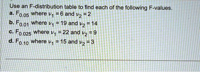 SOLVED: Texts: Use an F-distribution table to find each of the ...