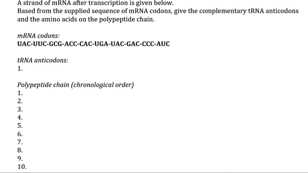 A strand of mRNA after transcription is given below.
Based from the supplied sequence of mRNA codons, give the complementary tRNA anticodons and the amino acids on the polypeptide chain.

mRNA codons:
UAC-UUC-GCG-ACC-CAC-UGA-UAC-GAC-CCC-AUC

tRNA anticodons:
1.

Polypeptide chain (chronological order)
1.
2.
3.
4.
5.
6.
7.
8.
9.
10.