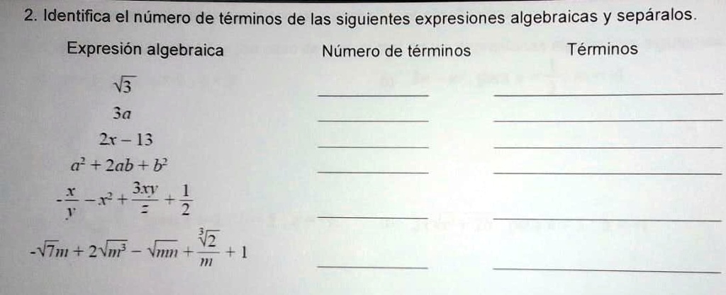 SOLVED: Identifica el número de términos de las siguientes expresiones