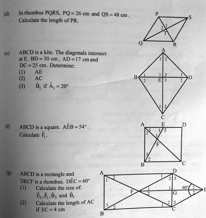 Solved In Rhombus Pqrs Pq 26 Cm And Qs 48 Cm Calculate The Length Of Pr Abcd Is A Kite 3015