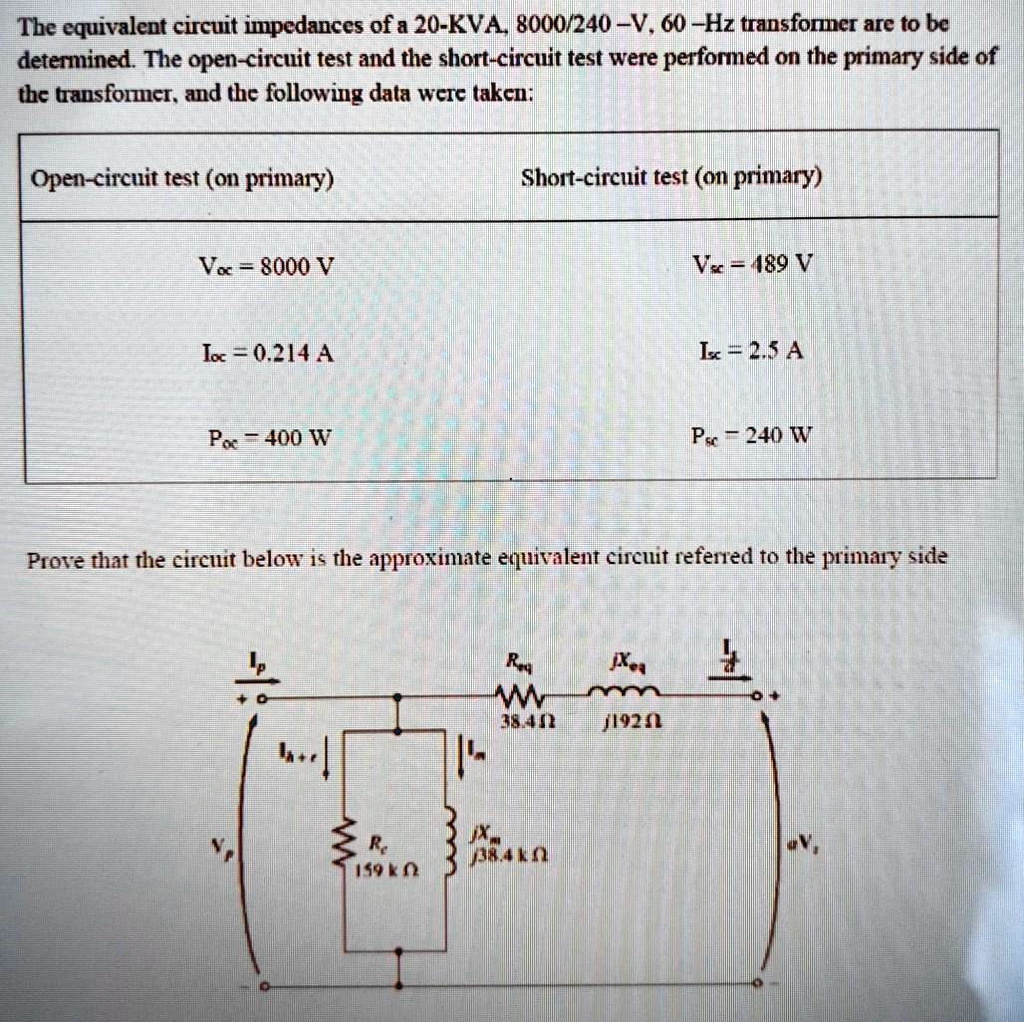 The Equivalent Circuit Impedances Of A 20KVA, 8000/240V, 60Hz 