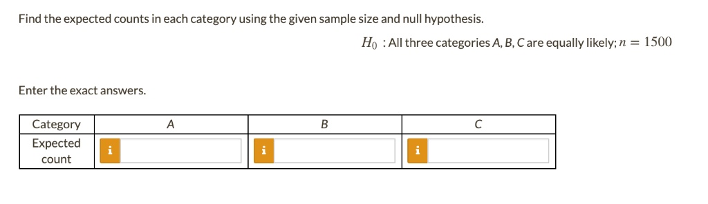 Find the expected counts in each category using the given sample size and null hypothesis.
H0 : All three categories A, B, C are equally likely; n = 1500
Enter the exact answers.
Category
A
B
C
Expected count