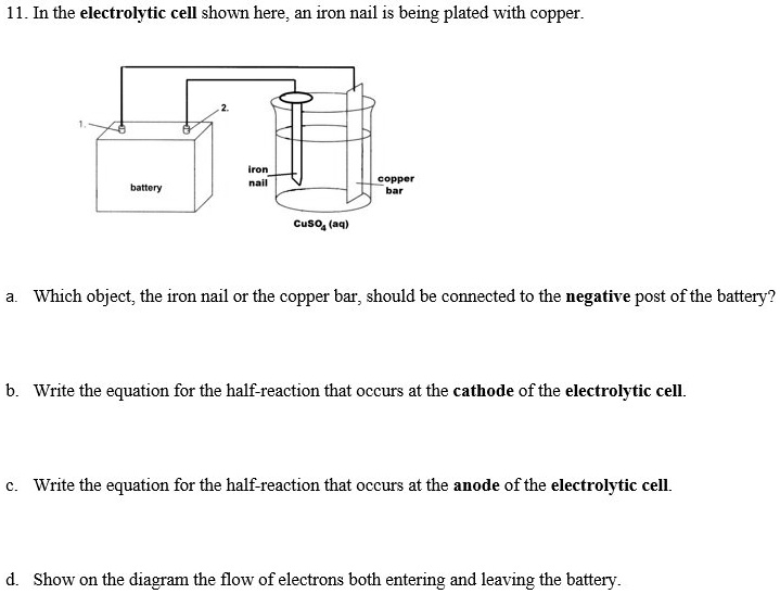 SOLVED:  the electrolytic cell shown here: an ron nail 15 being plated  with copper: copper cuso (a9) Which object; the iron nail or the copper bar  , should be connected to