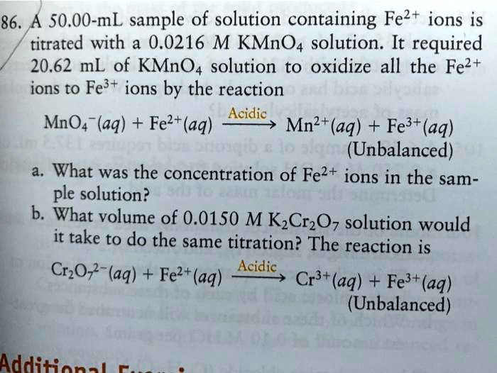 SOLVED86. So.00mL sample of solution containing Fe2t ions is titrated