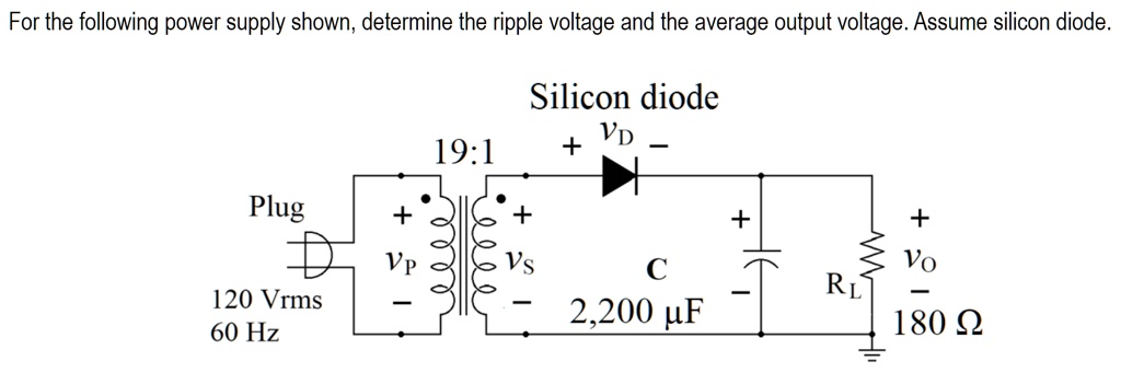 For the following power supply shown, determine the ripple...