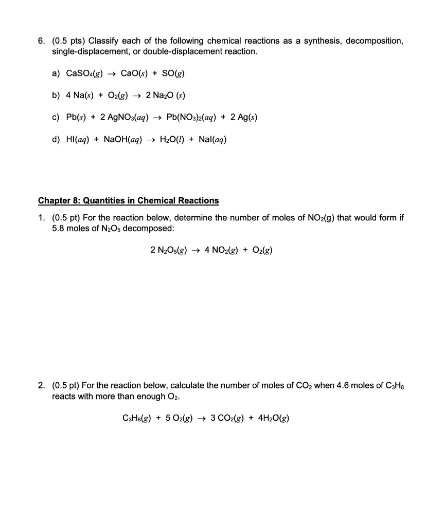 SOLVED: Classify each of the following chemical reactions as synthesis ...