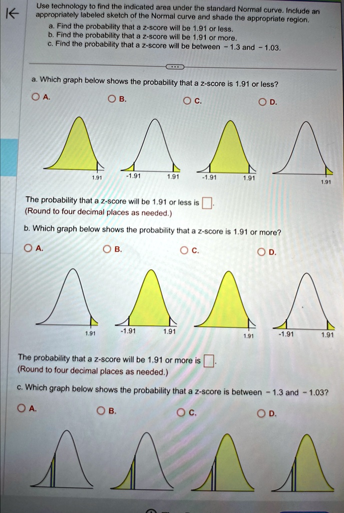 Use technology to find the indicated area under the standard Normal curve. Include an appropriately labeled sketch of the Normal curve and shade the appropriate region.
a. Find the probability that a z-score will be 1.91 or less.
b. Find the probability that a z-score will be 1.91 or more.
c. Find the probability that a z-score will be between -1.3 and -1.03.
a. Which graph below shows the probability that a z-score is 1.91 or less?
The probability that a z-score will be 1.91 or less is 
(Round to four decimal places as needed.)
b. Which graph below shows the probability that a z-score is 1.91 or more?
The probability that a z-score will be 1.91 or more is 
(Round to four decimal places as needed.)
c. Which graph below shows the probability that a z-score is between -1.3 and -1.03?