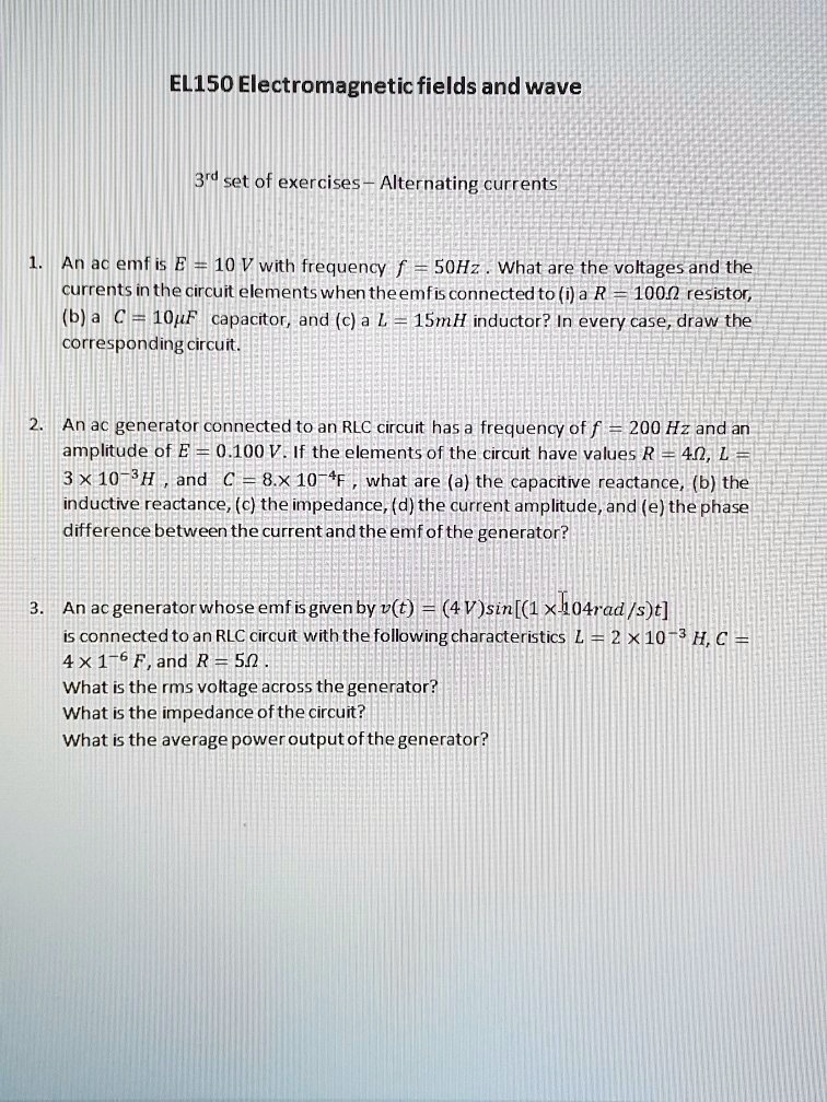 el1so electromagnetic fields and wave 3rd set of exercises alternating ...