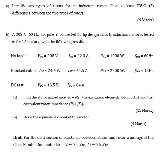 SOLVED a) Identify two types of rotors for an induction motor. Give at