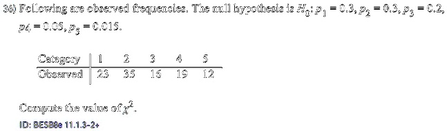 36 following are observed frequencies the null hypothesis is h0 p1 03 p2 03 p3 02 p4 005 p5 0015 category 1 2 3 4 5 observed 23 35 16 19 12 compute the value of chi2 id besb80 1113 2 22415