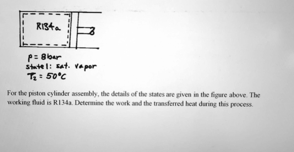 R134a
p=8bar
state1: sat. vapor
T2= 50°C
For the piston cylinder assembly, the details of the states are given in the figure above. The
working fluid is R134a. Determine the work and the transferred heat during this process.
