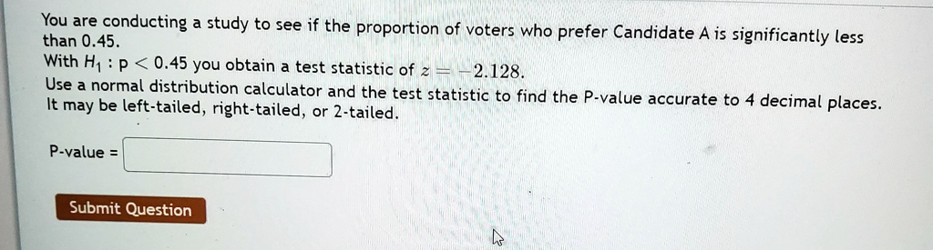 You are conducting a study to see if the proportion of voters who prefer Candidate A is significantly less than 0.45.
With H1 : p < 0.45 you obtain a test statistic of z = -2.128.
Use a normal distribution calculator and the test statistic to find the P-value accurate to 4 decimal places.
It may be left-tailed, right-tailed, or 2-tailed.

P-value =