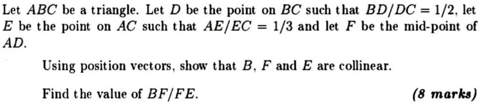 SOLVED: Let ABC be triangle. Let D be the point on BC such that BDIDC ...