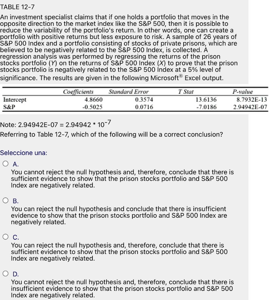 TABLE 12-7
An investment specialist claims that if one holds a portfolio that moves in the opposite direction to the market index like the S   P 500, then it is possible to reduce the variability of the portfolio's return. In other words, one can create a portfolio with positive returns but less exposure to risk. A sample of 26 years of S   P 500 Index and a portfolio consisting of stocks of private prisons, which are believed to be negatively related to the S   P 500 Index, is collected. A regression analysis was performed by regressing the returns of the prison stocks portfolio (Y) on the returns of S   P 500 Index (X) to prove that the prison stocks portfolio is negatively related to the S   P 500 Index at a 5% level of significance. The results are given in the following Microsoft® Excel output.

Coefficients Standard Error T Stat P-value
Intercept 4.8660 0.3574 13.6136 8.7932E-13
S   P -0.5025 0.0716 -7.0186 2.94942E-07

Note: 2.94942E-07 = 2.94942 * 10^-7
Referring to Table 12-7, which of the following will be a correct conclusion?

A. You cannot reject the null hypothesis and, therefore, conclude that there is sufficient evidence to show that the prison stocks portfolio and S   P 500 Index are negatively related.
B. You can reject the null hypothesis and conclude that there is insufficient evidence to show that the prison stocks portfolio and S   P 500 Index are negatively related.
C. You can reject the null hypothesis and, therefore, conclude that there is sufficient evidence to show that the prison stocks portfolio and S   P 500 Index are negatively related.
D. You cannot reject the null hypothesis and, therefore, conclude that there is insufficient evidence to show that the prison stocks portfolio and S   P 500 Index are negatively related.