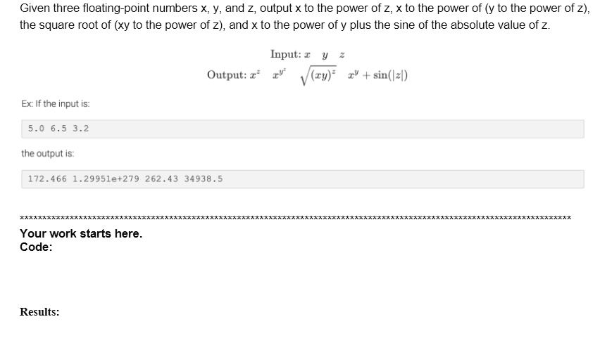 c given three floating point numbers x y and 2 output x to the power of ...