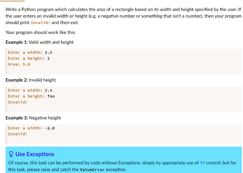 SOLVED: Write a Python program which calculates the area of a rectangle ...