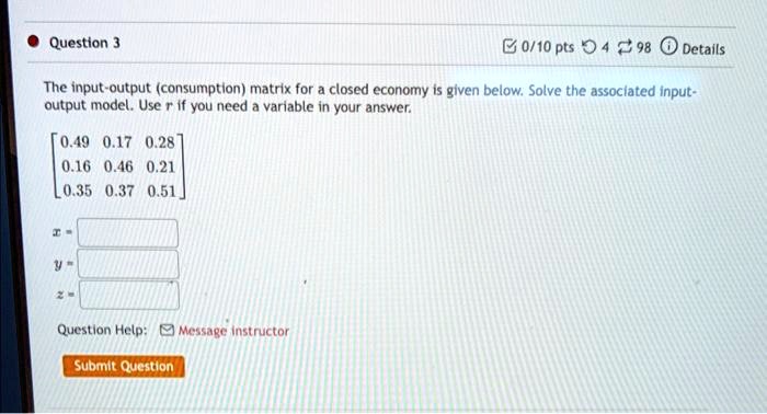 The input-output (consumption matrix for a closed economy is given ...