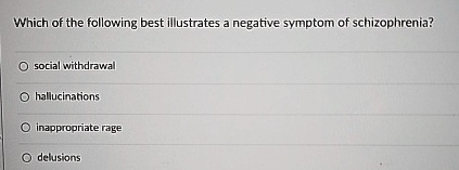 Which of the following best illustrates a negative symptom of schizophrenia?
social withdrawal
hallucinations
inappropriate rage
delusions