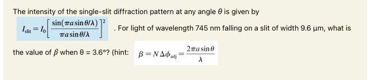 The intensity of the single-slit diffraction pattern at any angle θ is ...