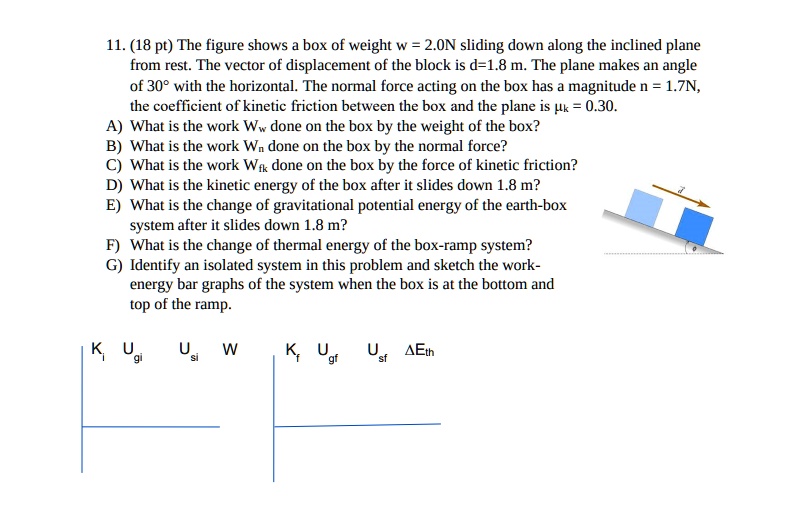 11. (18 pt) The figure shows a box of weight w = 2.0N sliding down along the inclined plane from rest. The vector of displacement of the block is d=1.8 m. The plane makes an angle of 30° with the horizontal. The normal force acting on the box has a magnitude n = 1.7N, the coefficient of kinetic friction between the box and the plane is ?k = 0.30.
A) What is the work Ww done on the box by the weight of the box?
B) What is the work Wn done on the box by the normal force?
C) What is the work Wfk done on the box by the force of kinetic friction?
D) What is the kinetic energy of the box after it slides down 1.8 m?
E) What is the change of gravitational potential energy of the earth-box system after it slides down 1.8 m?
F) What is the change of thermal energy of the box-ramp system?
G) Identify an isolated system in this problem and sketch the work-energy bar graphs of the system when the box is at the bottom and top of the ramp.