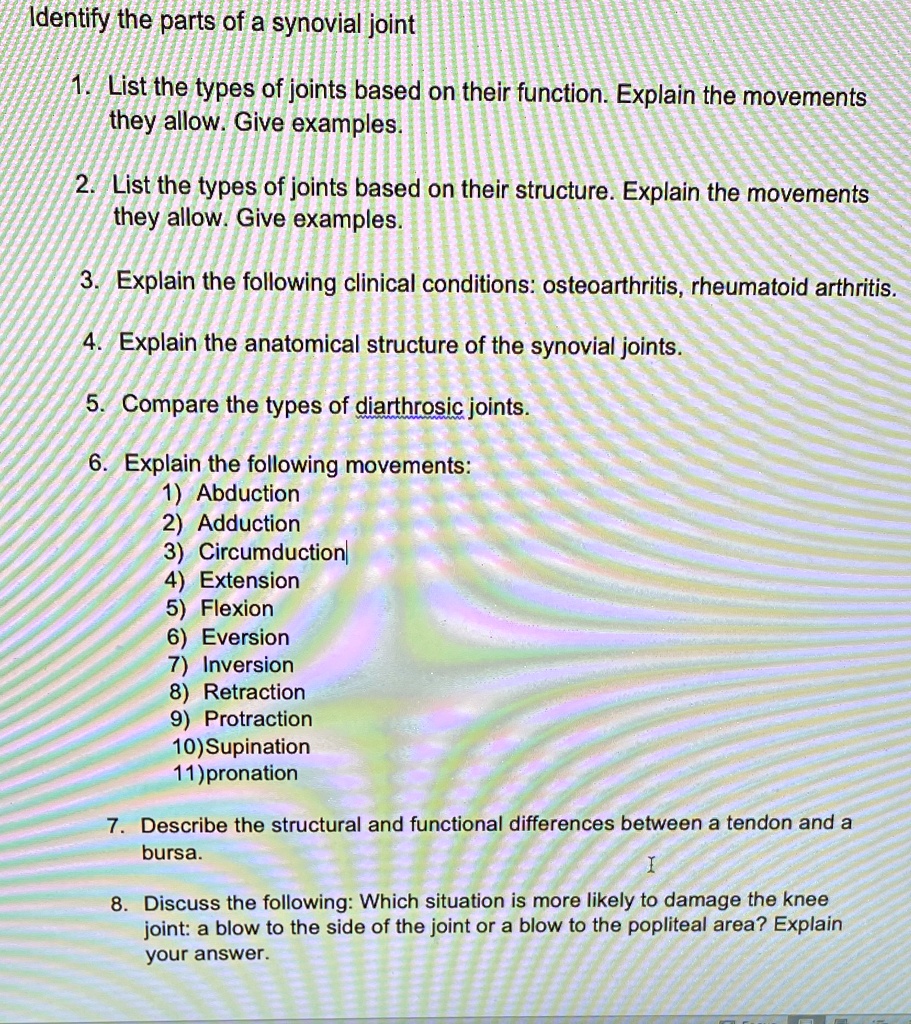 SOLVED: Identify the parts of a synovial joint. List the types of