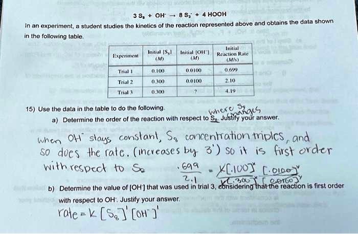 3 sg oh 8 s3 4 hooh in an experiment a student studies the kinetics of the reaction represented above and obtains the data shown in the following table experiment initial sg m initial oh m i 74341