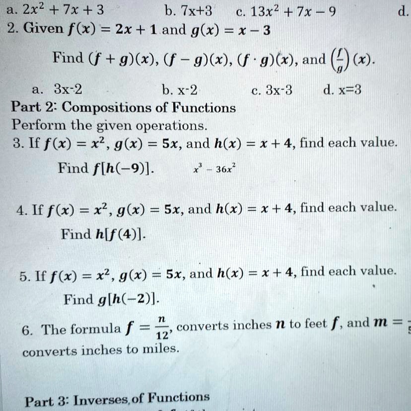 Solved 4 If F X X 2 G X 5x And H X X 4 Find Each Value Find H[f 4 ] 2x 2 7x