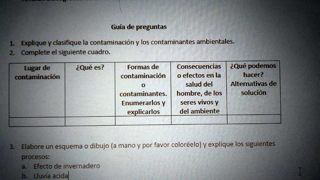 SOLVED: 1. Explique y clasifique la contaminación y los contaminantes