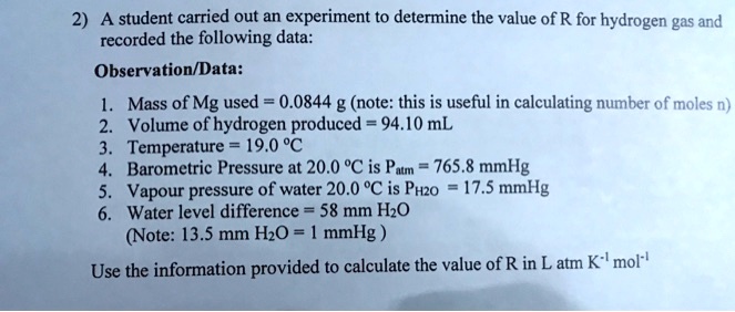 a student carried out an experiment to determine the value of r for ...