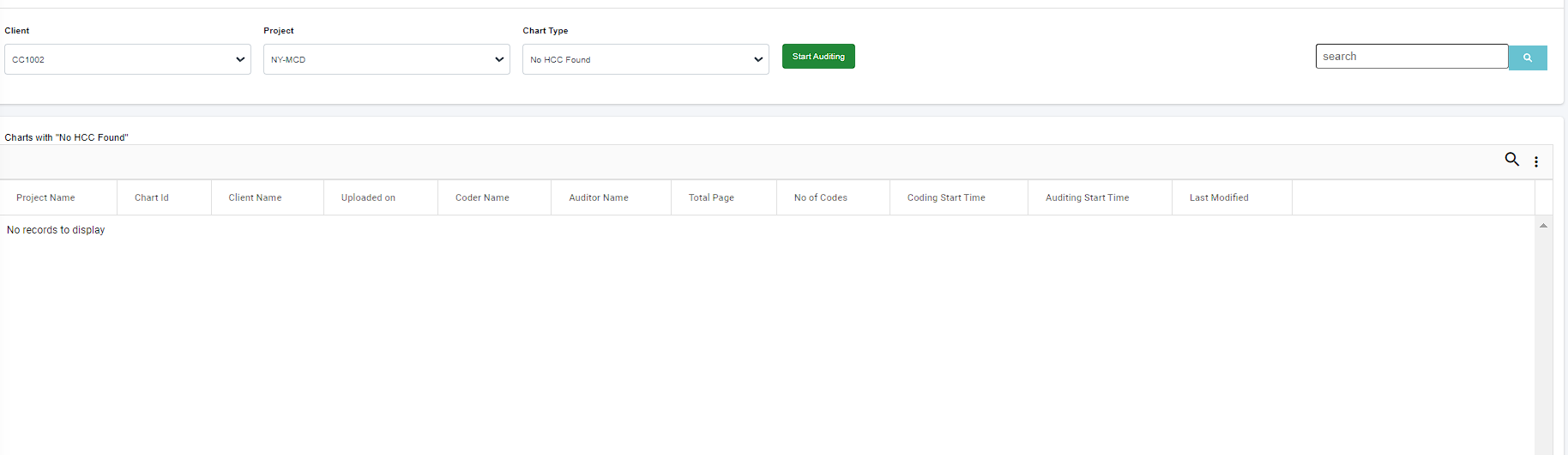Client
Project
Chart Type
CC1002
NY-MCD
No HCC Found
Start Auditing
search

Charts with "No HCC Found"

Project Name     Chart ld     Client Name     Uploaded on     Coder Name     Auditor Name     Total Page     No of Codes     Coding Start Time     Auditing Start Time     Last Modified 



No records to display
