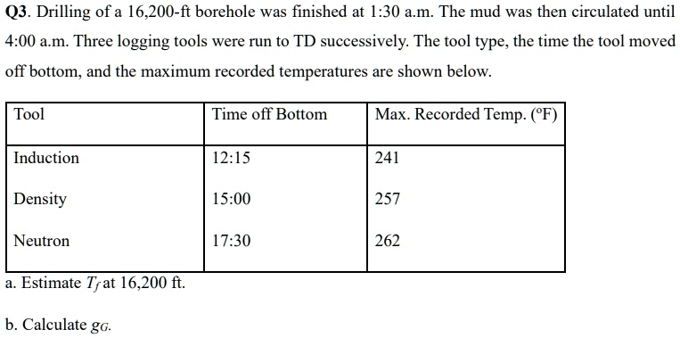 Q3. Drilling of a 16,200-ft borehole was finished at 1:30 a.m. The mud was then circulated until 4:00 a.m. Three logging tools were run to TD successively. The tool type, the time the tool moved off bottom, and the maximum recorded temperatures are shown below.

Tool	Time off Bottom	Max. Recorded Temp. (°F)
Induction	12:15	241
Density	15:00	257
Neutron	17:30	262
a. Estimate Tf at 16,200 ft.
b. Calculate gc.