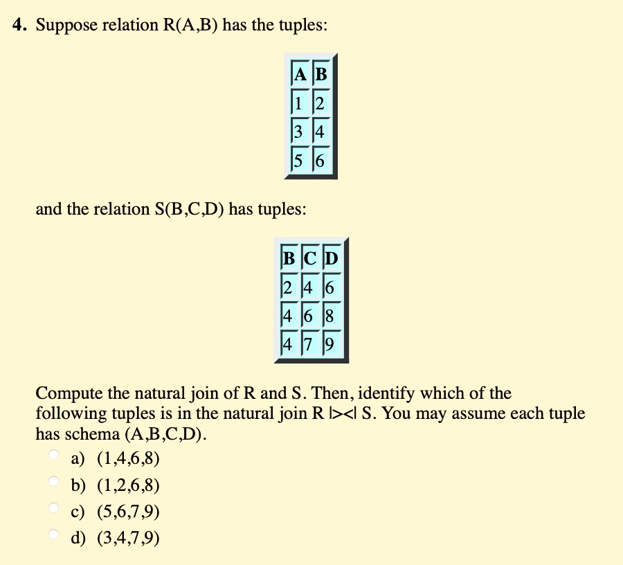 SOLVED: Suppose relation R(A,B) has the tuples: AB 1 2 3 4 15 16 and ...