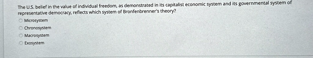 The U.S. belief in the value of individual freedom, as demonstrated in its capitalist economic system and its governmental system of representative democracy, reflects which system of Bronfenbrenner's theory?
• Microsystem
• Chronosystem
• Macrosystem
• Exosystem