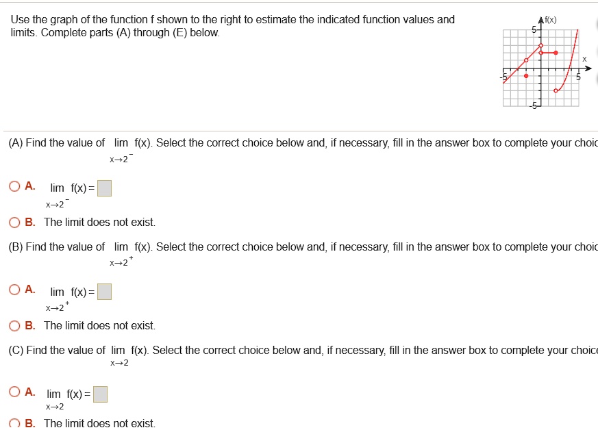 Use the graph of the function f shown to the right to estimate the indicated function values and limits. Complete parts (A) through (E) below.(A) Find the value of limx 	o 2^- f(x). Select the correct choice below and, if necessary, fill in the answer box to complete your choiceoxedA. quad limx 	o 2^- f(x) = oxedB. quad 	extThe limit does not exist.(B) Find the value of limx 	o 2^+ f(x). Select the correct choice below and, if necessary, fill in the answer box to complete your choiceoxedA. quad limx 	o 2^+ f(x) = oxedB. quad 	extThe limit does not exist.(C) Find the value of limx 	o 2 f(x). Select the correct choice below and, if necessary, fill in the answer box to complete your choiceoxedA. quad limx 	o 2 f(x) = oxedB. quad 	extThe limit does not exist.