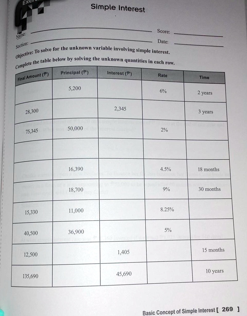Exel Simple Interest Name: Section: Score: Date: Objective:...