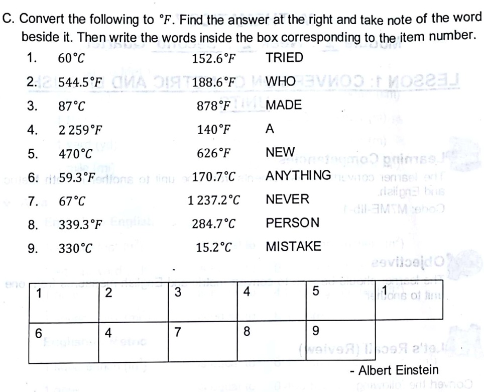 c convert the following to f find the answer at the right and take note of the word beside it then write the words inside the box corresponding to the item number 1  60 1526f tried 2 54459f 79685