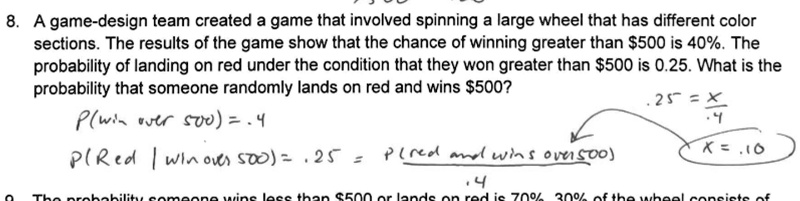 8. A game-design team created a game that involved spinning a large wheel that has different color
sections. The results of the game show that the chance of winning greater than 500 is 40%. The
probability of landing on red under the condition that they won greater than500 is 0.25. What is the
probability that someone randomly lands on red and wins 500?P(win   over   500) = .4P(Red |win   over   500) = .25= (P(red   and   wins   over   500))/(.4).25 = (x)/(.4)x = .10The probability someone wins less than500 or lands on red is 70% 30% of the wheel consists of