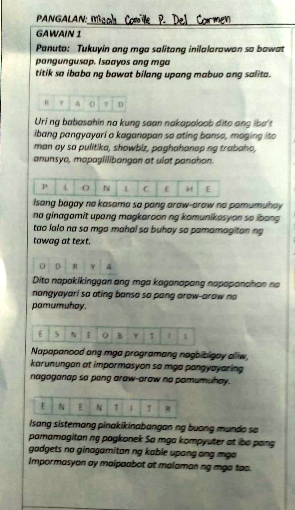 SOLVED: Tukuyin Ang Mga Salitang Inilalarawan Sa Bawat Pangungusap ...