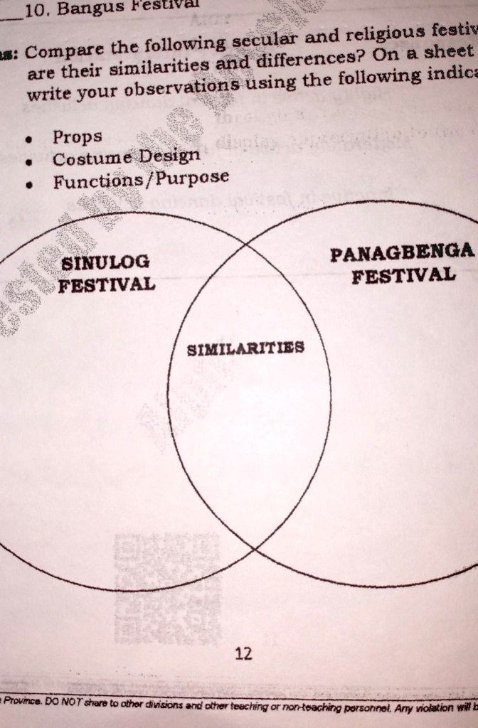 SOLVED: 'II. Directions: Compare the following secular and religious  festivals. Whatare their similarities and differences? On a sheet of  paper,write your observations using the following indicators:• PropsCostume  DesignFunctions/Purposepaki answer po ...